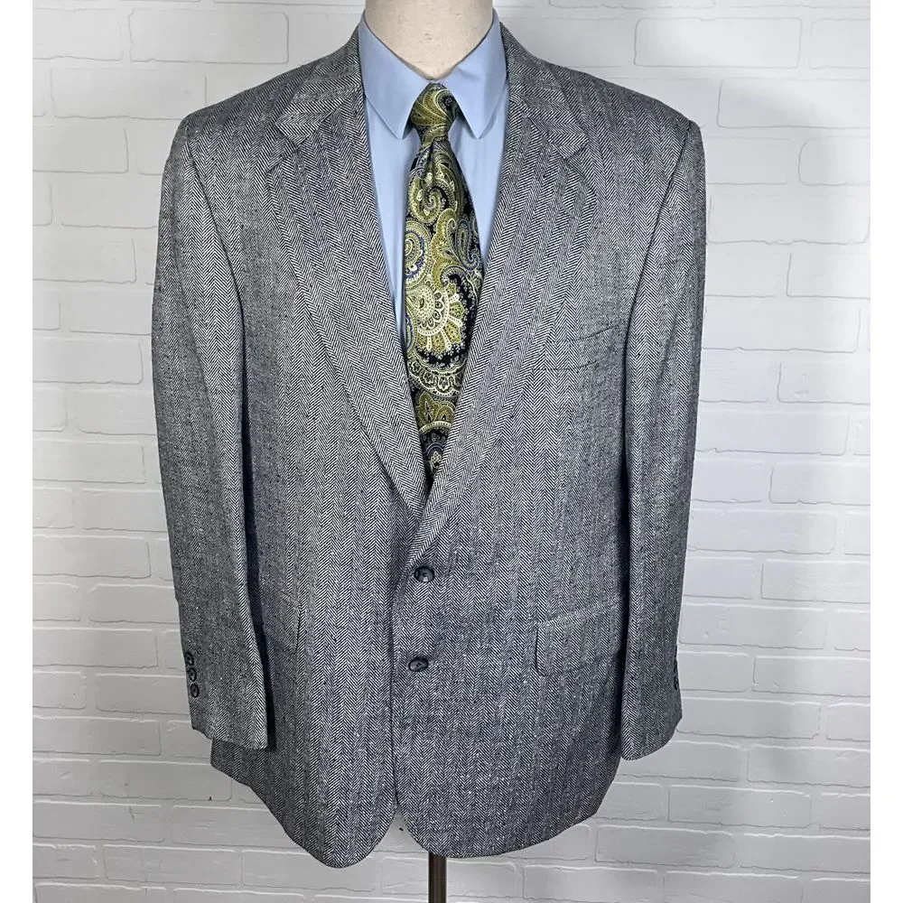 Bachrach Blazer Men‎ 46 Black White Herringbone Silk Tweed Classic Jacket